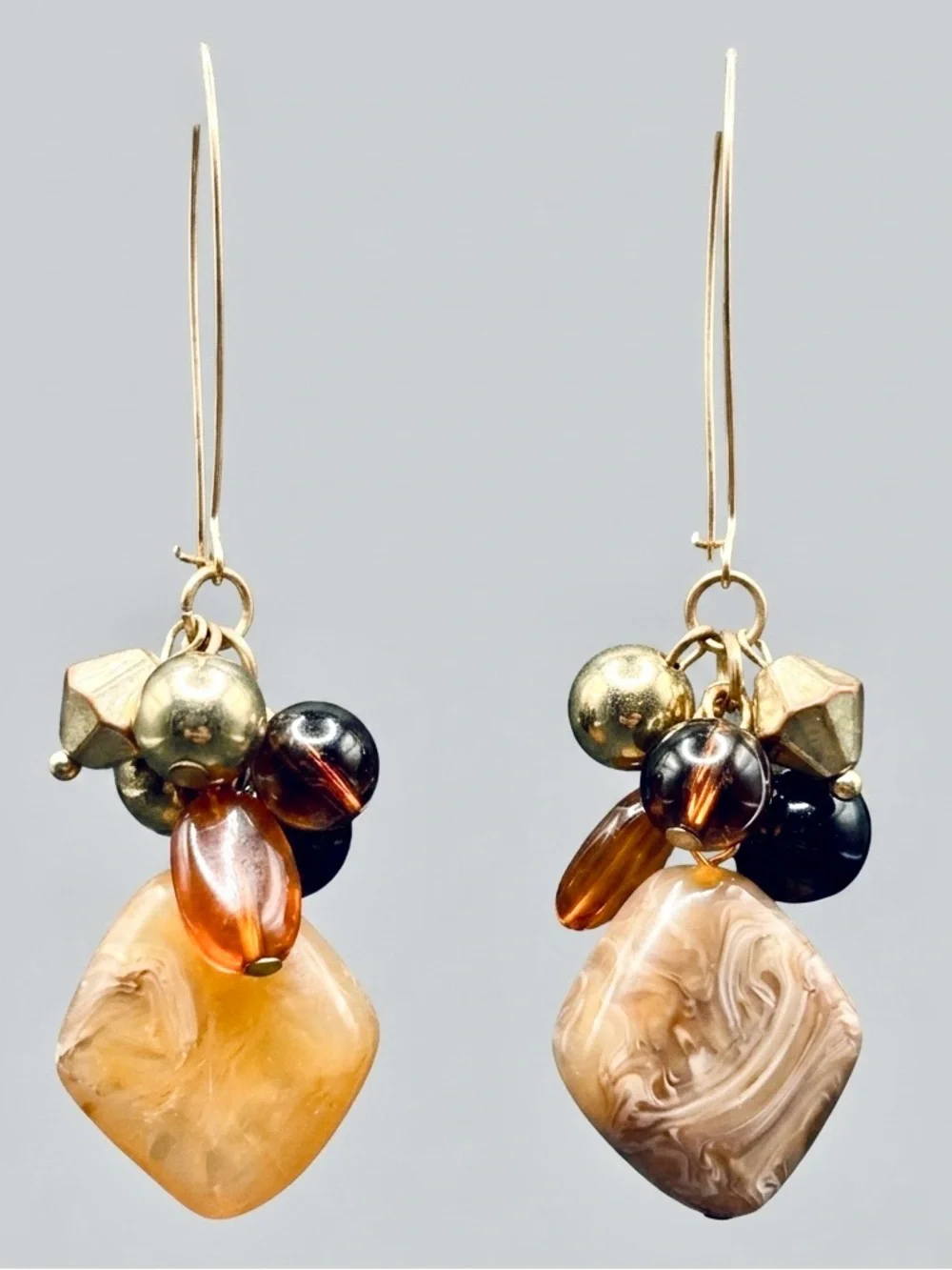 Boho Marbled Resin Cluster Dangle Earrings Gold Tone 3.5